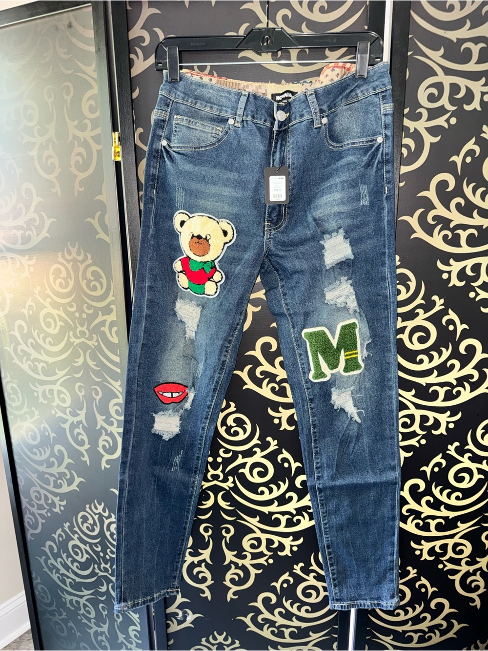 Fashion Nova Dark Blue Slim Jeans with Bear, Green 'M' & Red Lip Patches